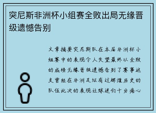 突尼斯非洲杯小组赛全败出局无缘晋级遗憾告别