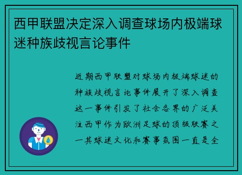 西甲联盟决定深入调查球场内极端球迷种族歧视言论事件